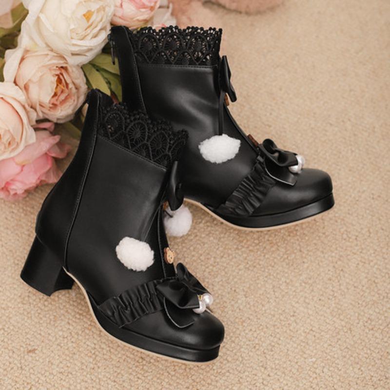 

Women Cute Sweet Lolita Kawaii Platform Boots Lace Up Chunky Heel Ankle Boots with Bow Character Cosplay Winter Shoes Plus Size 39
