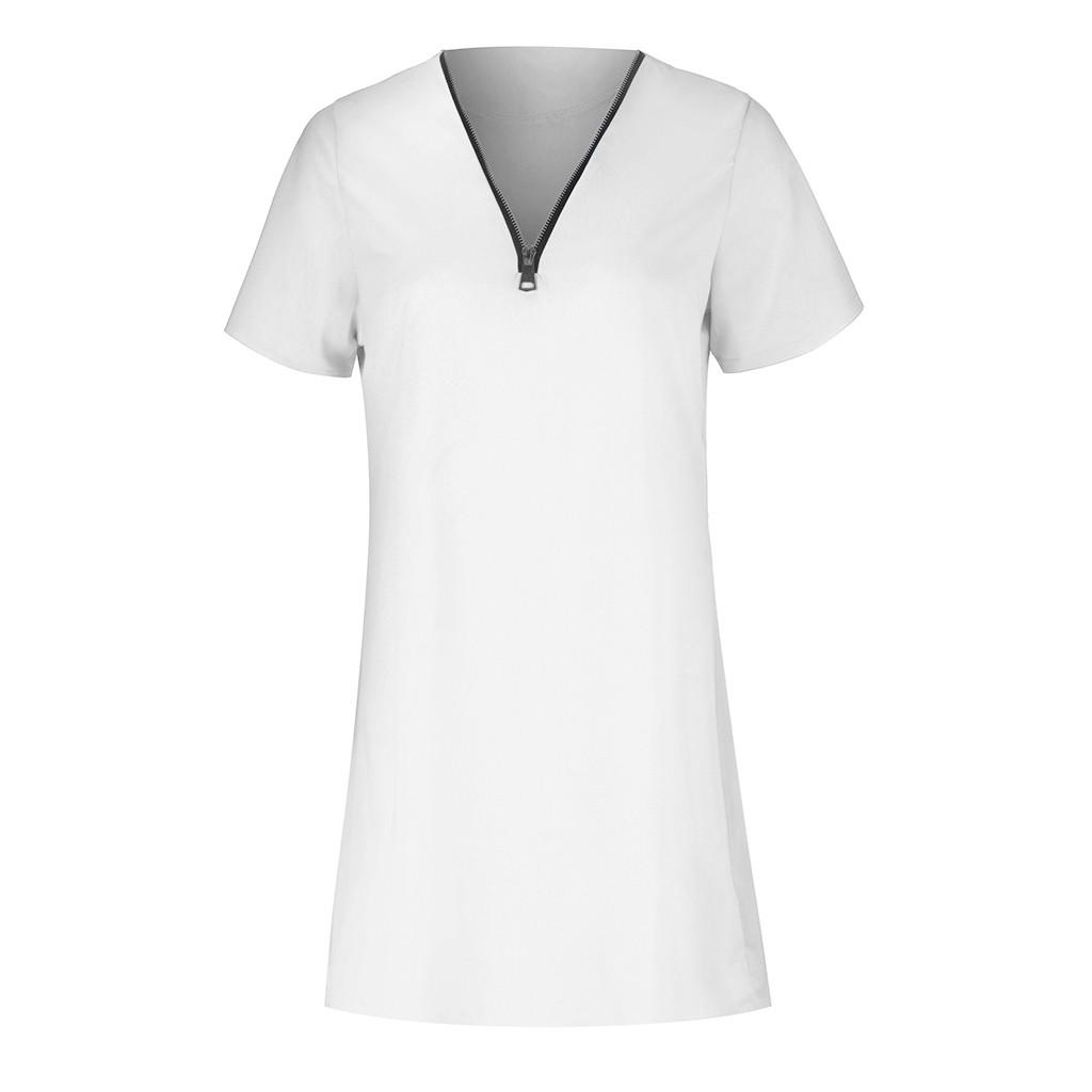 Womens Short Sleeve V Neck Zipper Shirt Dress Loose Party Evening Dress