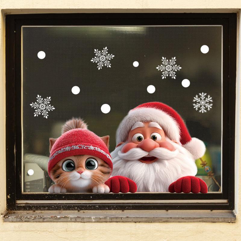 Christmas Window Clings With Cute Santa Cat Snowflake Pattern Removable Self Adhesive For Home Shop Xmas Decoration