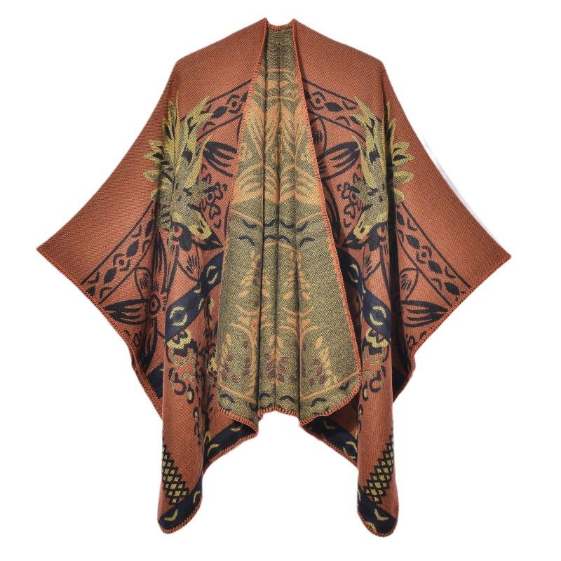 Autumn and Winter Retro Thickened Warm Shawl Cape Fashion Flower Split Jacquard Scarf