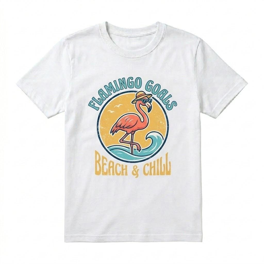 Flamingo Goals Beach & Chill T-Shirt - Retro Summer Vacation Beachwear Tee S
