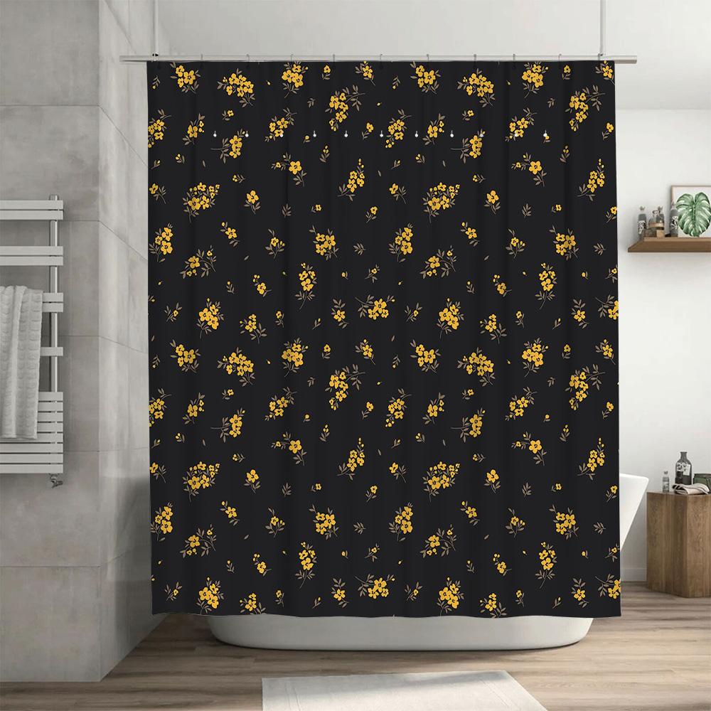 Modern Floral Print Shower Curtain Dark Grey with Yellow Flowers Waterproof Fabric for Bathroom Decorations