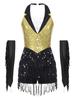 Womens Latin Dance Leotard Halter Sleeveless Backless Sparkling Sequins Tassel Design with Metallic Gloves Performance Wear