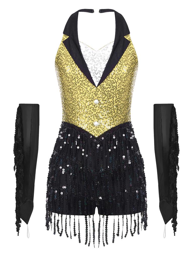 Womens Latin Dance Leotard Halter Sleeveless Backless Sparkling Sequins Tassel Design with Metallic Gloves Performance Wear