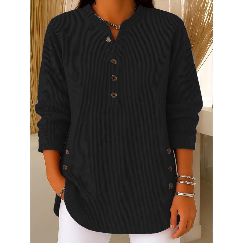 Damen Herbst Rotes Cord Henley-Hals mit Knopfdetails Gebogener Saum Lässige Bluse