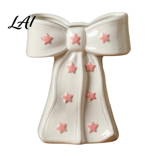 French Style Bow Vase Ceramic with Star Decorative Flowers Vase Creative Flower Chic Room Decor Gifts Arrangement Holder for Living Table