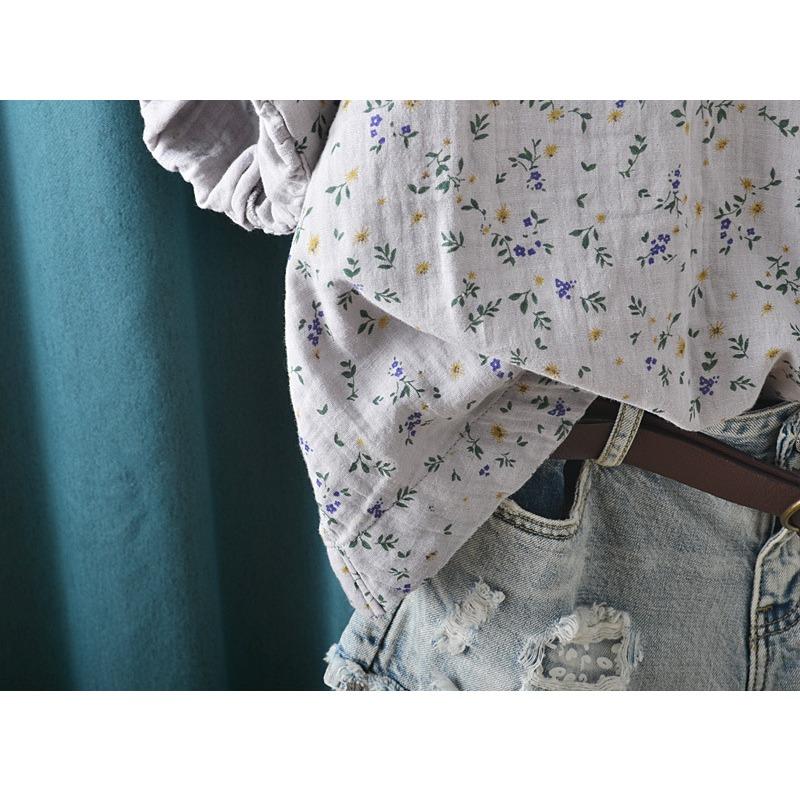 Summer Double-layer Cotton Yarn Shirt with Floral Stand Up Collar Loose Oversized Short Sleeved Shirt Blouses & Shirts