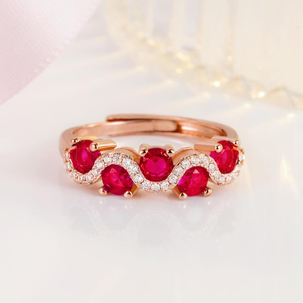 Korean Fashion Zircon Gemstone Ring with Interlaced Red Corundum Design