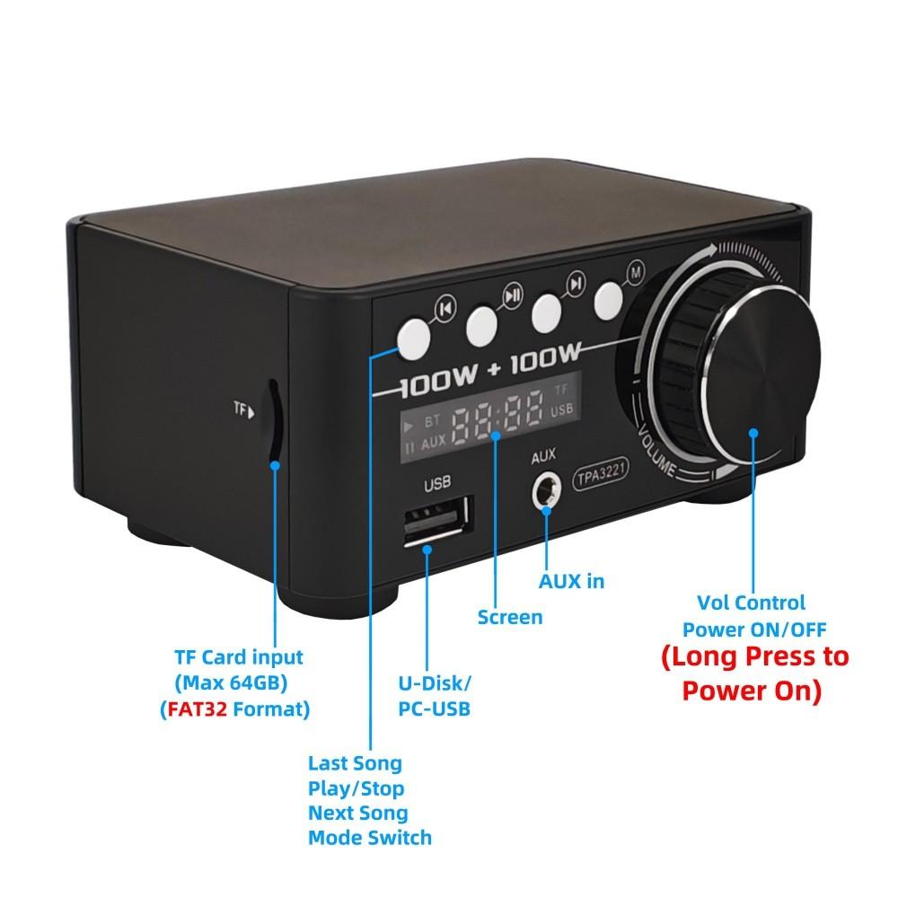 Bluetooth 5.3 TPA3221 Class D Power Mini Amplifier 2.0 Digital Amplifier 100Wx2 200W Home Audio System with PC USB