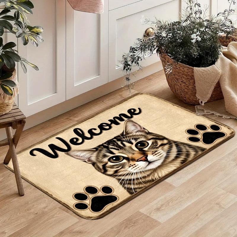 Flannel Cat Welcome Floor Mat, Non-slip Absorbent Floor Mat At The Entrance, Dirt-resistant Carpet At The Entrance of The Home