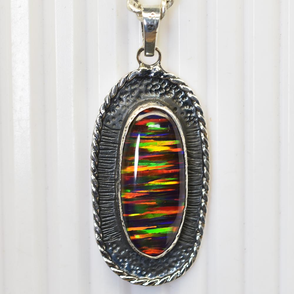 Natural Opal Necklace Fire 43 ct Multicolor 925 Sterling Silver October Birthday Birthstone