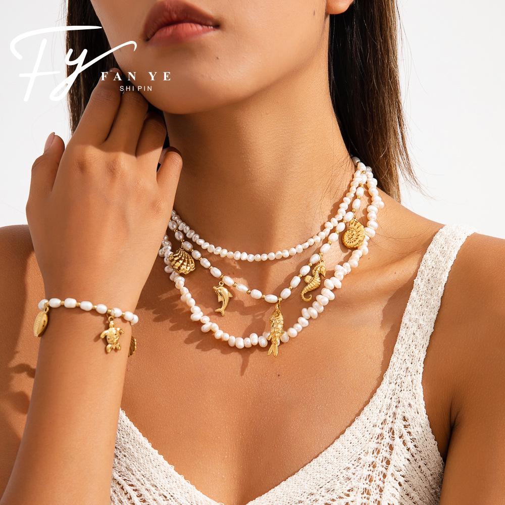 Elegant Pearl and Stainless Steel Beach-Style Necklace & Bracelet Set for Women