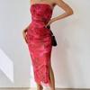 Sexy Strapless Floral Print Sheer Midi Dress Side Slit Bodycon Party Dress Summer Dress for Women Evening Party Outfit