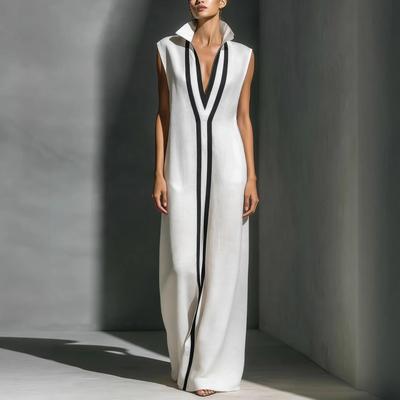 2026 European & American V-neck Color Block Wide-leg Casual Dress
