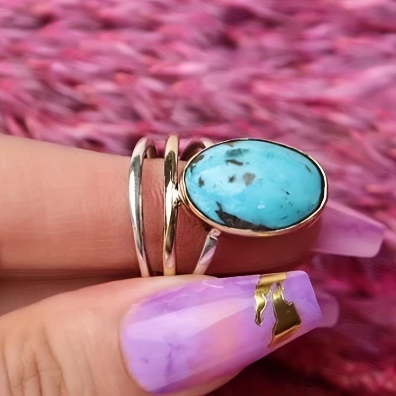 1pcs Bohemian Retro Women's Ring, Elegant Three-layer Design Inlaid with Oval Synthetic Turquoise Ring Suitable for Holiday