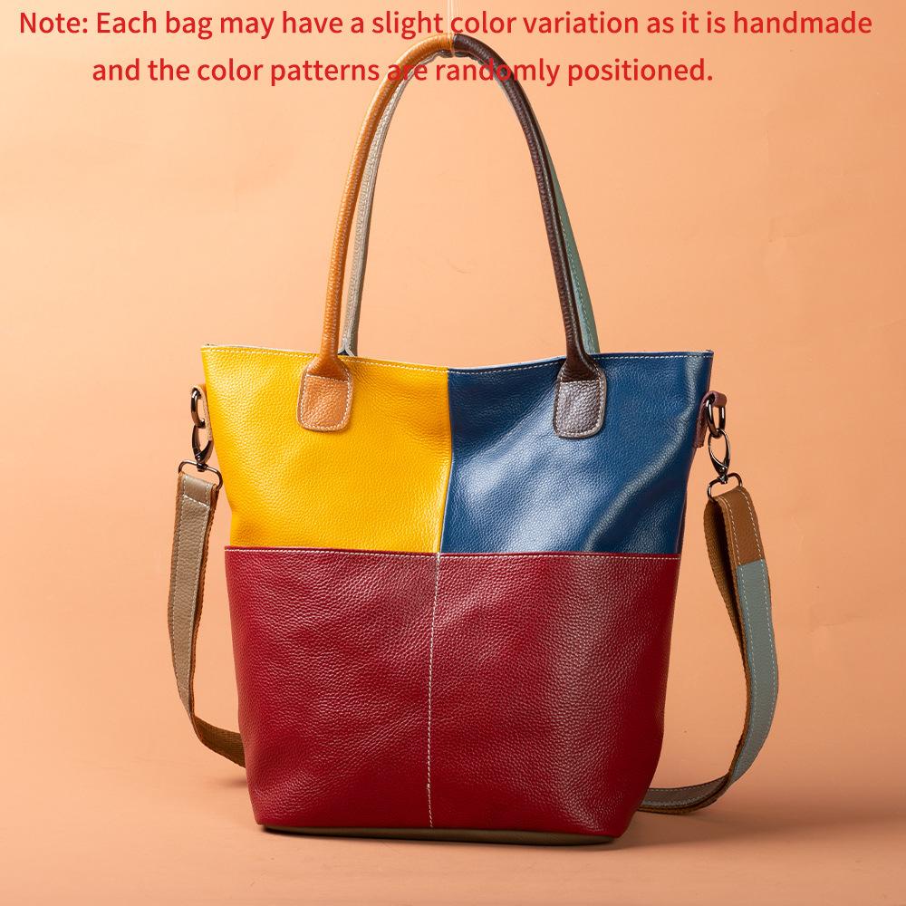 Splicing Leather Women S Handbag Retro Contrasting Color Shoulder Crossbody Versatile Cowhide Women S Bag Tote Bag