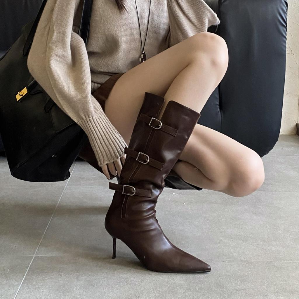 2025 autumn and winter new European and American buckle pointed head thin heel high heel temperament French fashion sexy beautiful women boots