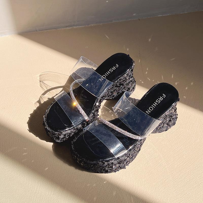 Fashion versatile thick-bottomed wedge heel with transparent cool slippers, summer design sequined thick-bottomed cool slippers