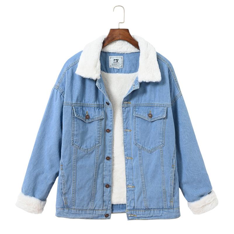 Women's Autumn Lamb Wool Padded Jacket Loose Fit Fleece Lined Thickened Denim Jacket