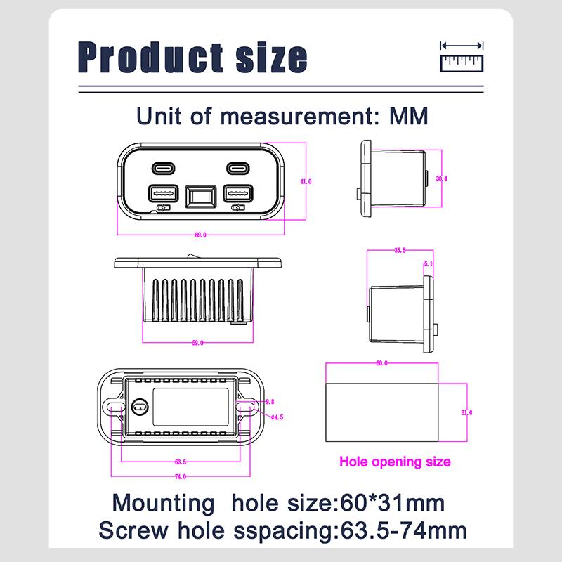 4 Ports Car Charger Dual USB Type-C Fast Charging Socket Panel QC3.0+PD3.0 Power Adapter For RV Bus Car Accessories
