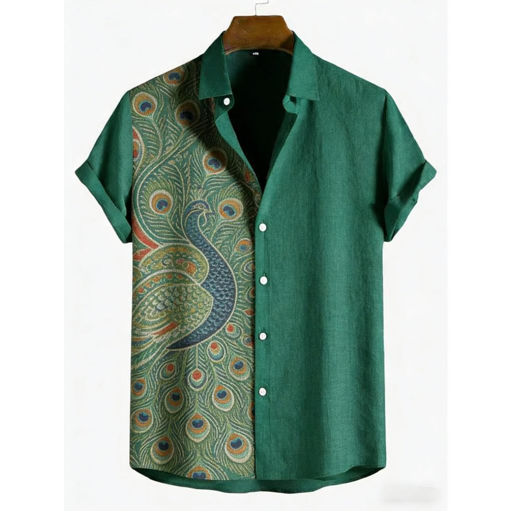 2026 Men's Green Plant Ethnic 3D Printed Shirt, Linen Fabric Short Sleeve Shirt, Hawaiian Vacation Social Party Clothing for Men