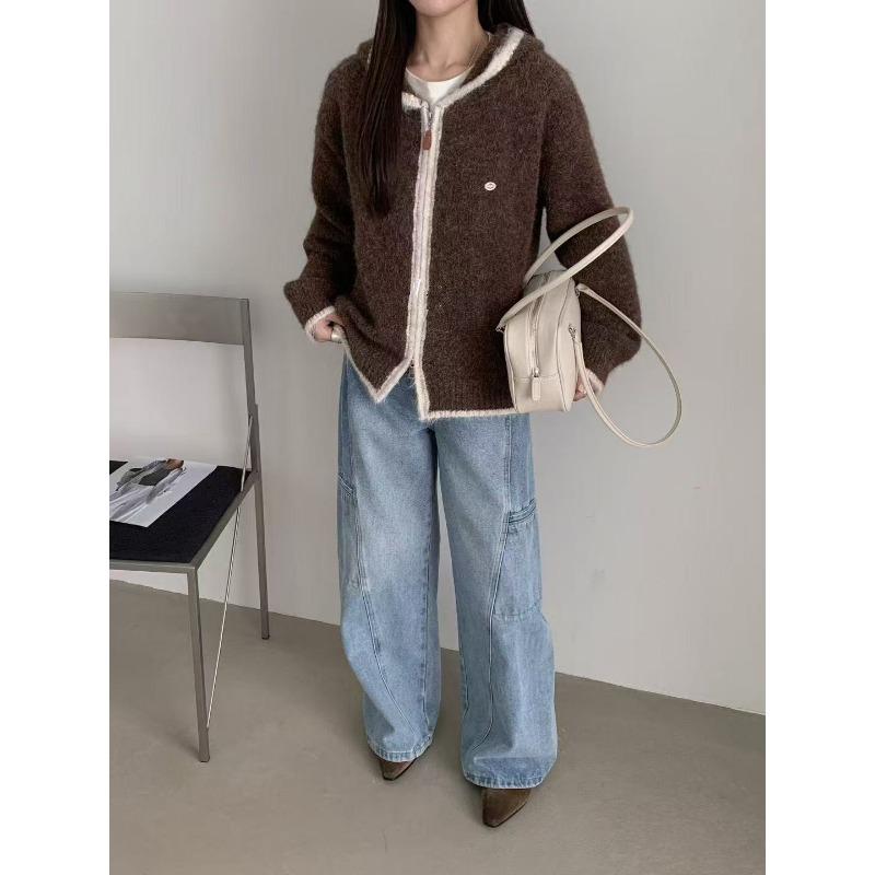 New Color Matching Edge Hooded Double Zipper Retro Casual Wool Blended Long-sleeved Knitted Cardigan Jacket Women
