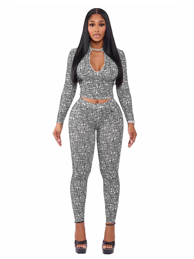 European & American Women's Spring/Autumn Half-High Collar Zipper Cropped Top with Long Sleeve & High-Waisted Pants Two-Piece Set