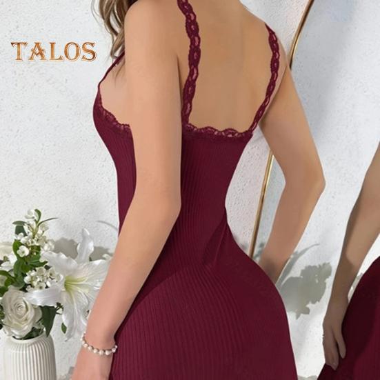 Γυναικείο Νυχτικό Cami Σέξι Δαντελωτή Λεπτομέρεια Ριμπ Πλεκτό Νυχτικό Καλοκαιρινό Με Λεπτές Τιράντες Σπαγγέτι V-Λαιμόκοψη Νυχτικό Μίνι Αμάνικο Φόρεμα