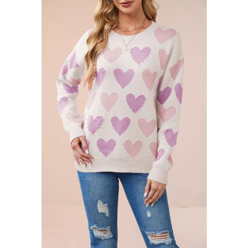 

Women s Pink Heart Print Pearl Decor Knit Sweater Crew Neck Loose Long Sleeve Casual Pullover XL білий