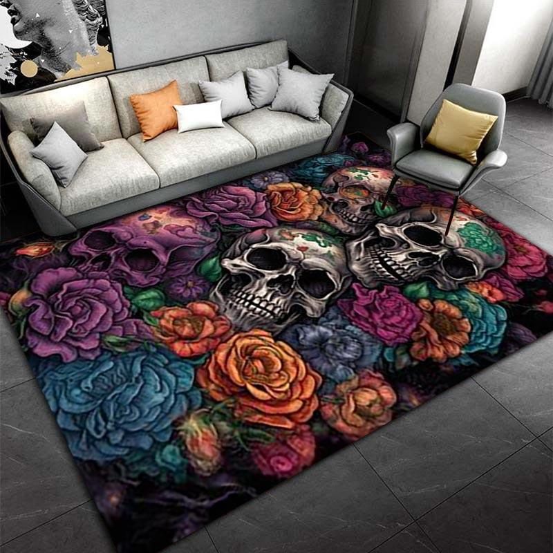 Colorful Skull and Floral Pattern Carpet for Living Room Decor Suitable for use as an anti-slip for living room bedroom sofas