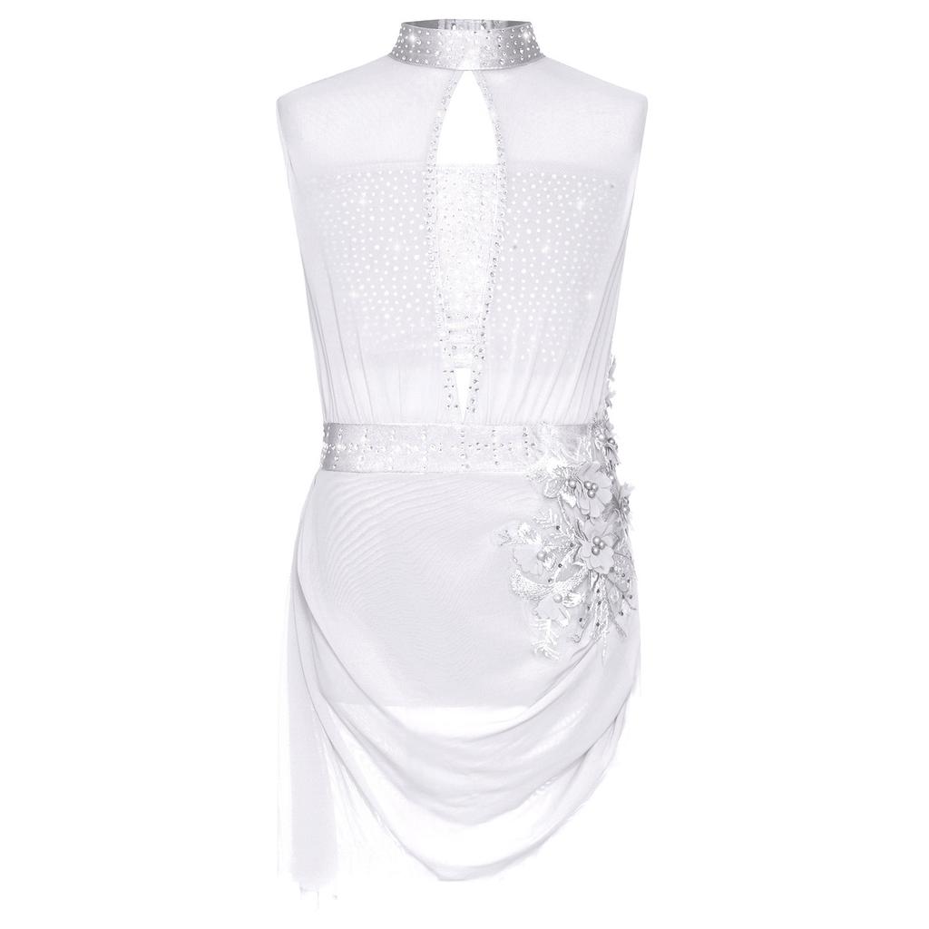 Girls Dance Costume Sleeveless Backless Design Sheer Mesh Overlay Sparkle Rhinestone Asymmetrical Skating Dress