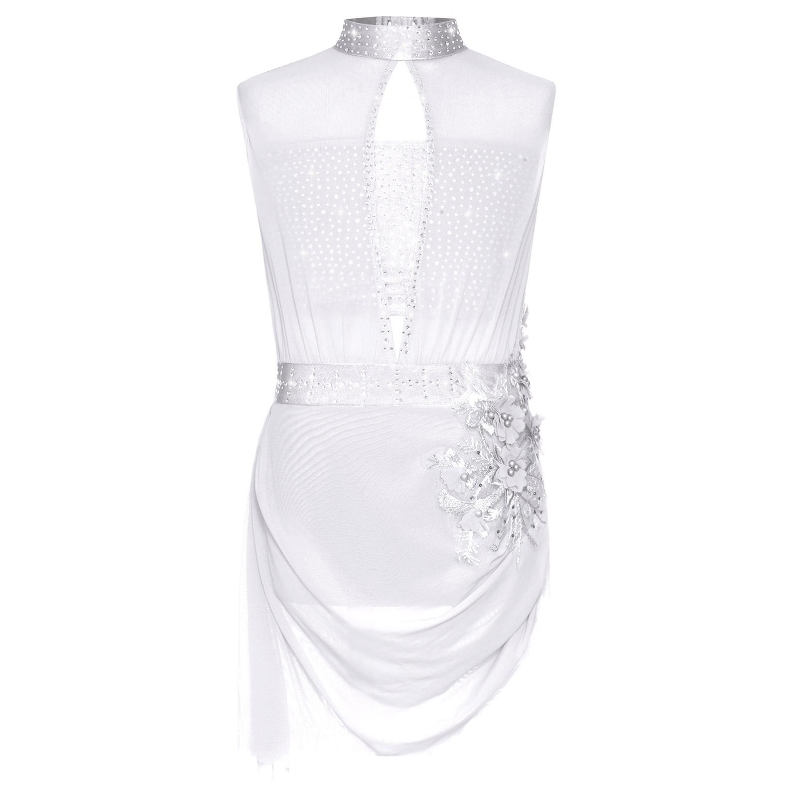 

Girls Dancewear Costume Sleeveless Backless Cutout with Sheer Mesh Shiny Rhinestones Asymmetrical Skirt 5-6 Years