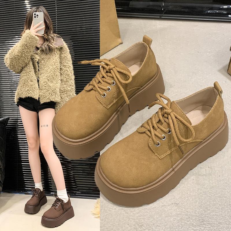 Retro lace-up platform women's spring new small trendy and frosted leather shoes