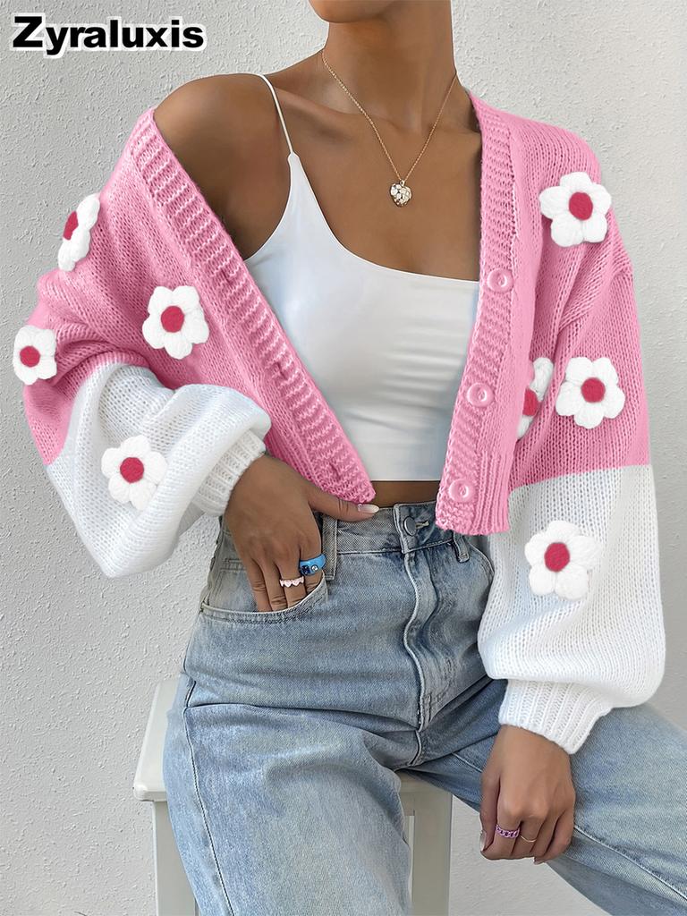 Vintage Knitted Overshirt, Solid Color Floral Element Knit Sweater