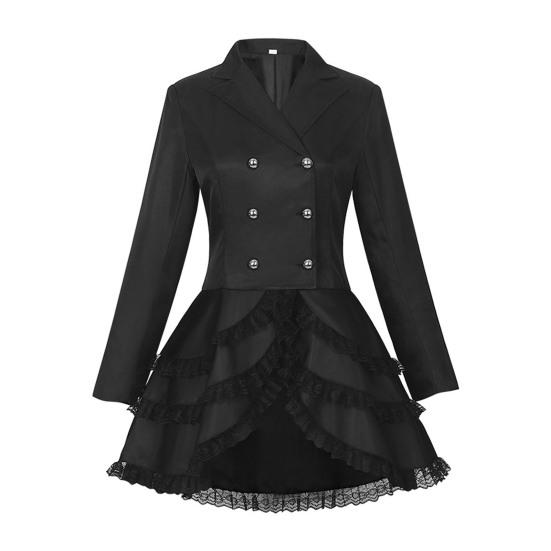 Women Double Breasted Victorian Steampunk Blazer Coat Gothic Tuxedo Tailcoat Jacket with Lace Hem Halloween Wedding Uniform Costume