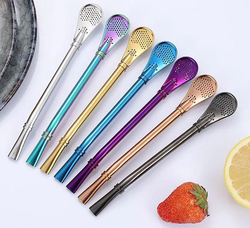Colorful 304 Stainless Steel Filter Straw Spoon Reusable Eco-Friendly Stainless Steel Drinking Straws Tea Coffee Filtered Spoons