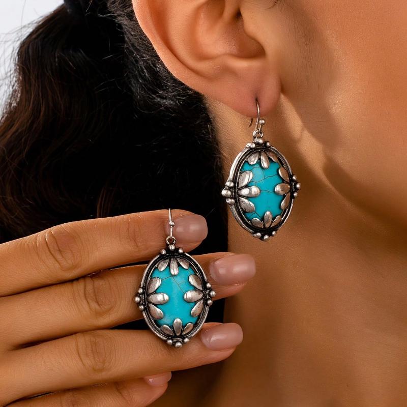 1 Pair Bohemian Vintage Creative Oval Flower & Turquoise Earrings, Suitable for Women Daily, Travel, Gift