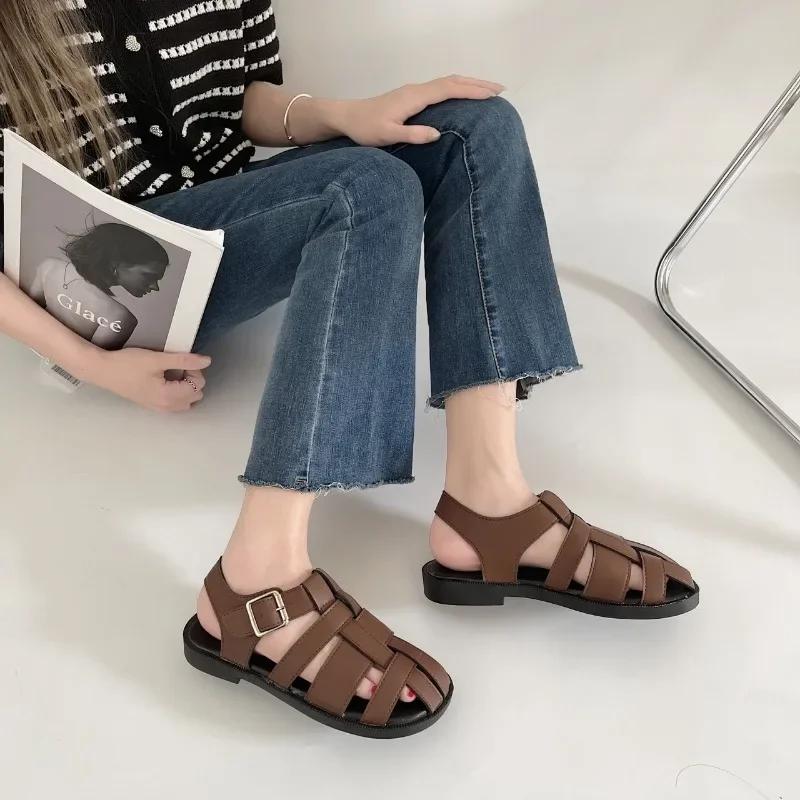 Roman Sandals Female 2024 Summer Retro Flat Bottom Baotou Casual Shoes Hollow Woven Low Heel Sandales Zapatos Para Mujeres
