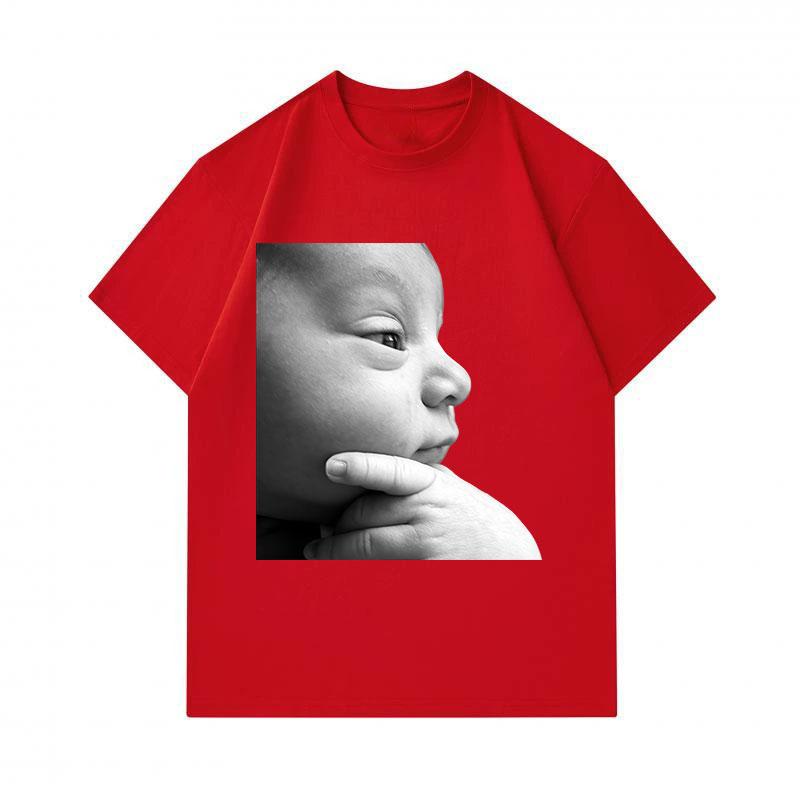Men's 100% Cotton Crew Neck Short Sleeve T-Shirt, Cute Thoughtful Baby Portrait Print Casual Soft Breathable Tee for Daily Wear