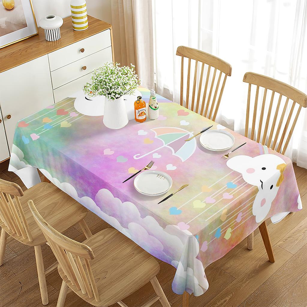 Cartoon White Cloud Rainbow Pattern Tablecloth Cute Cloud Rectangular Table Cover for Party Living Room Dining Room Decoration