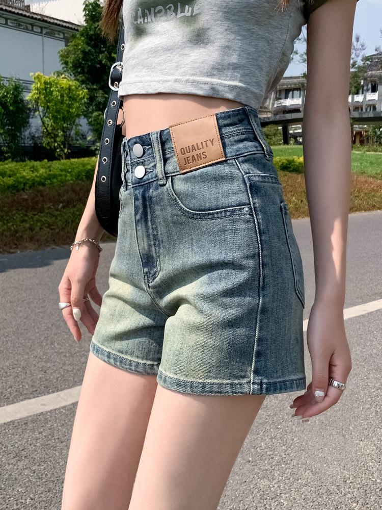 

2024 Охровые джинсовые шорты А-силуэта с высокой посадкой и эффектом похудения для женщин XL for 115-125 jin