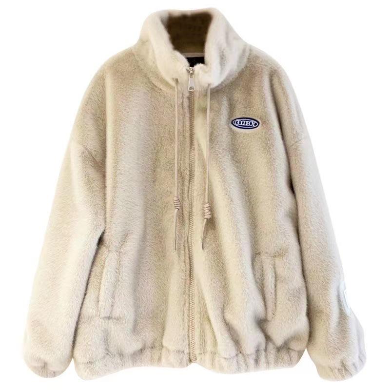 Women's Mid-Length Faux Mink Fur Plush Coat - Stand Collar, Winter Korean Style, Loose Fit.