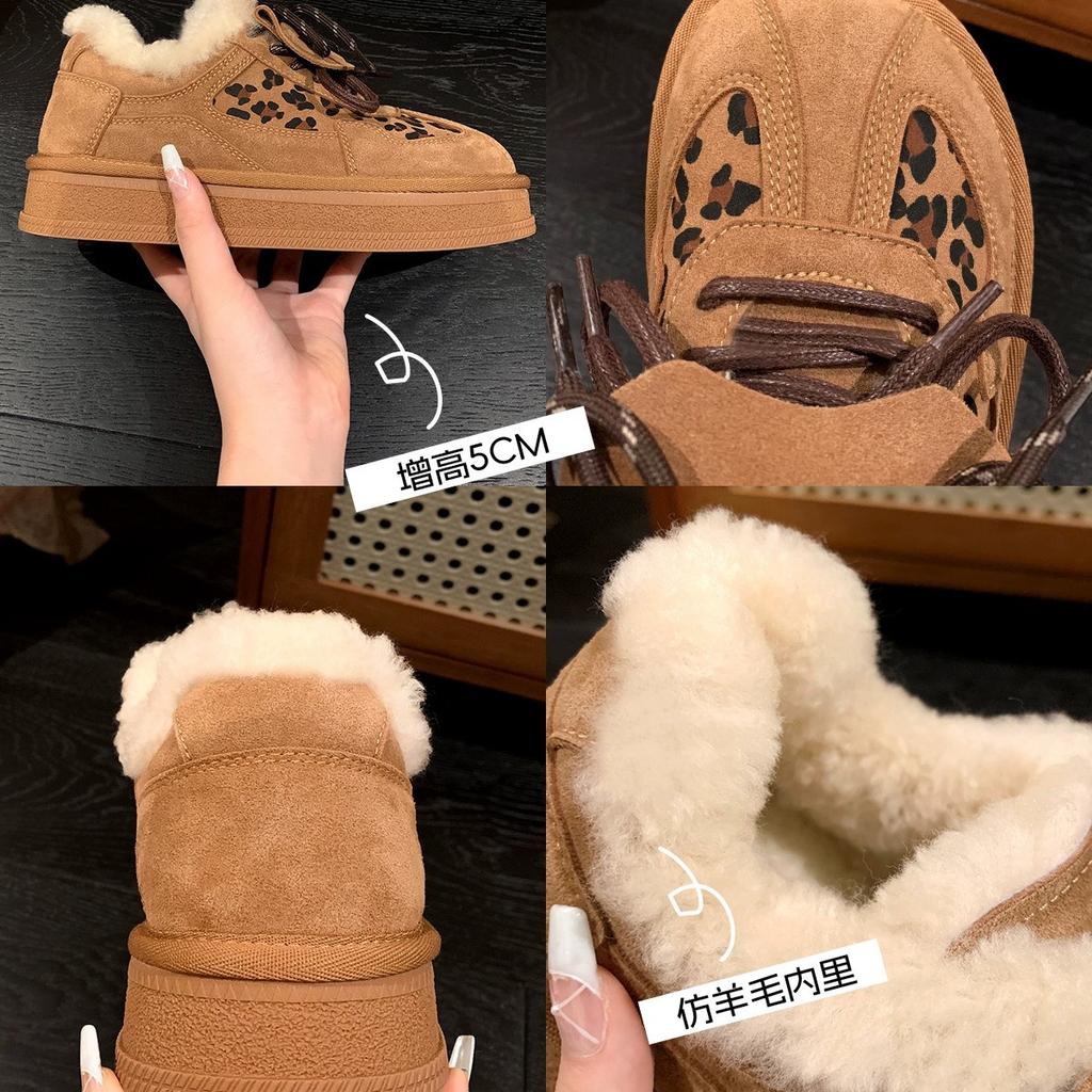 Cowhide version leopard print cotton shoes casual board shoes winter new velvet warm snow boots platform shoes