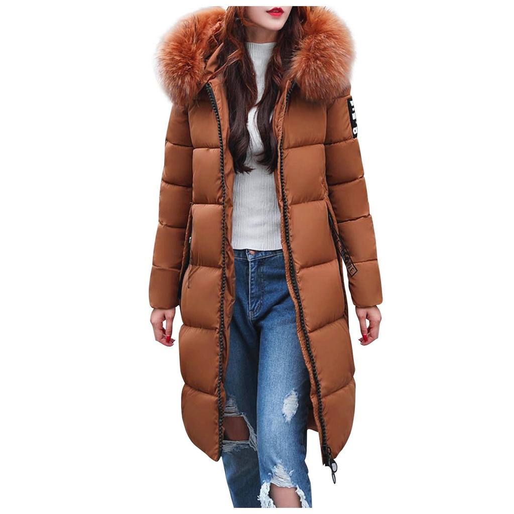 Damenmode, großer Haarkragen, schlanke Taille, lange Daunen-Baumwolljacke, Baumwollmantel