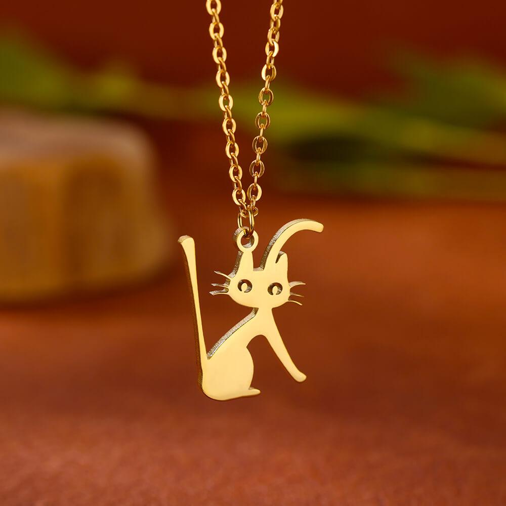 Stainless Steel Initial Letter Cat Pendant Necklace for Women Gold Color Animal Alphabet Necklaces Charm Fashion Jewelry Gifts