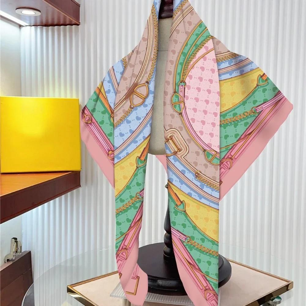 90Cm French Love Circle Belt Chain High Quality Twill Silk Shawl Sunscreen Large Square Scarf Decorative Scarf