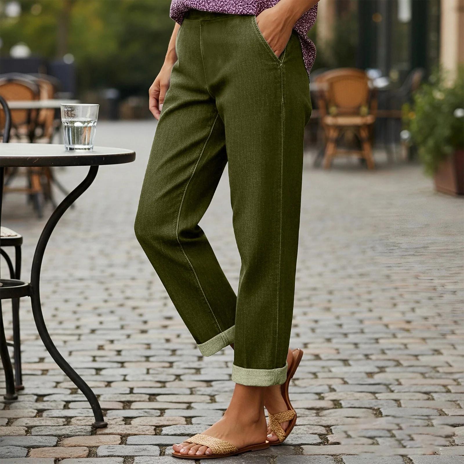 Women s Fashion -Colour Denim-Look Straight-Leg Relaxed-Fit Trousers With Elasticated Waist S
