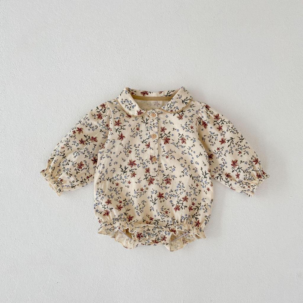 Autumn 2024 Baby Girl Cotton Romper: Printed, Lapel, Puff Sleeves, Long Sleeve, Loose Fit, Triangle Design for Crawling.