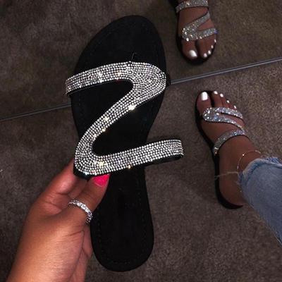 Sexy Frauen Sandalen Sommer Strand Flacher Mund Strass Mode Rom Damen Party Bequeme Leichte Schuh