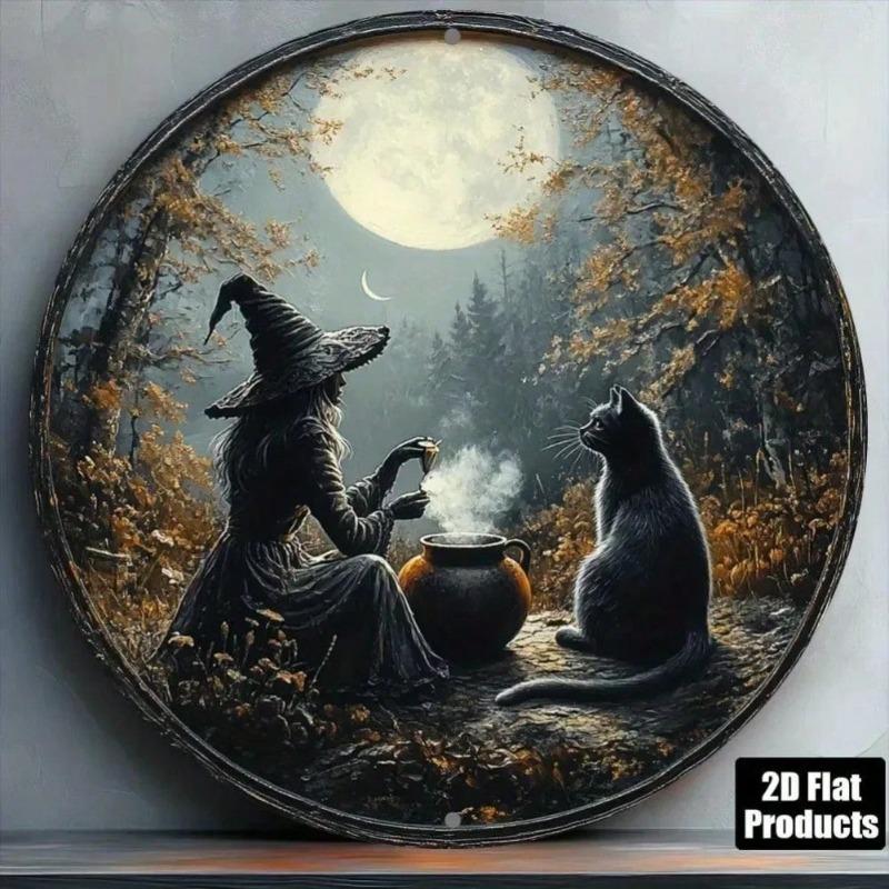 Vintage Halloween Metal Tin Sign Witch Cat Wall Art Decor For Bar Cafe